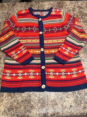 Multicolor Striped Button-Front Women's Sweater - Red Accent